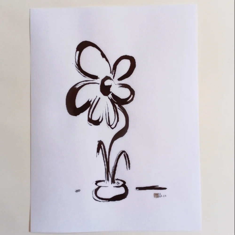 ORIGINAL ART Flowy Flower Pot by Maria Rivera. 9x12